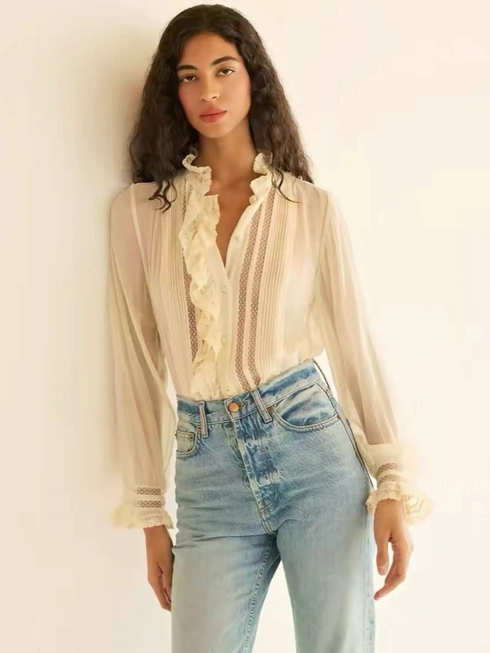 Doen Magdeleine Ruffle Blouse in Candlelight Size Small NWT